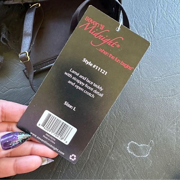 NWT seven til midnight lace S&M bondage lace & lame crotchless black teddy Sz L - Picture 8 of 10